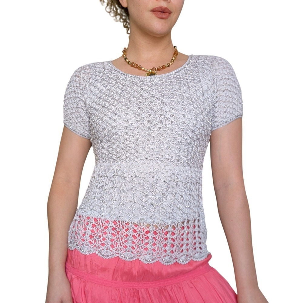 Handmade Gray Whimsigoth Embellished Sparkly Crochet Knit Short Sleeve Top